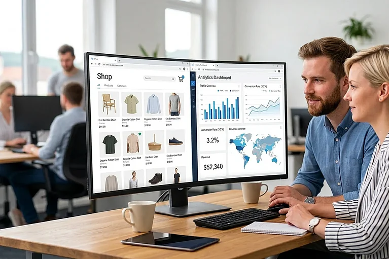SEM-Experten vor einem Onlineshop