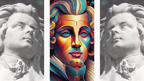 Mozart in KI dargestellt und in Stein 