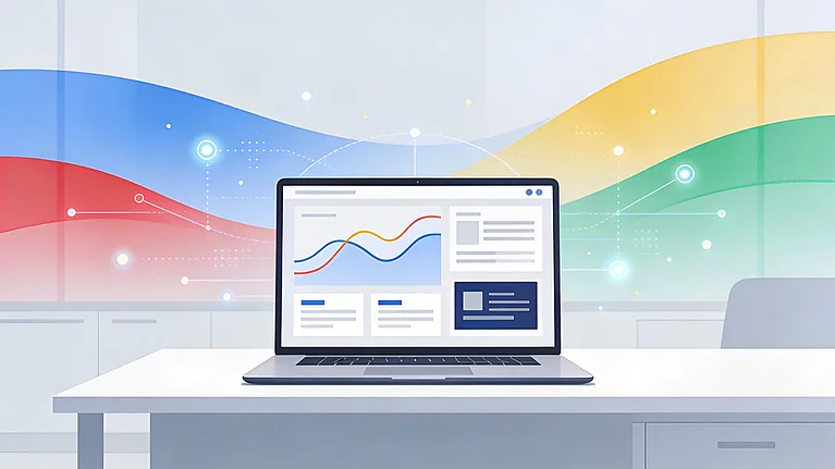 Google Ads Farben und ein Screenshot mit Statistiken davor