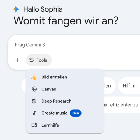 Gemini Oberfläche mit Auswahl der neuen Musik Funktion