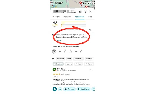 Screenshot von einer Bewertungsseite von Google Maps 