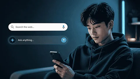 Ein junger Mann im Hoodie schaut auf sein Smartphone, während daneben schwebende Such- und KI-Eingabefelder mit „Search the web...“ und „Ask anything...“ zu sehen sind.
