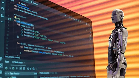 Roboter schaut auf den Code von Genie 3 