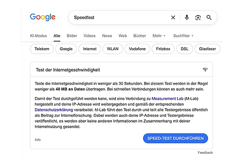 Speedtest in der Zero Klick Suche bei Google