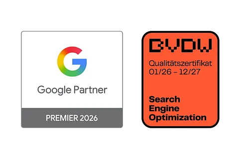 Google Premier Partner 2026 und BVDW-Qualitätszertifikat für Suchmaschinenoptimierung (SEO), gültig von 2026 bis 2027.