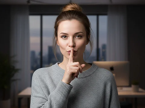 Frau mit Zeigefinger vor dem Mund verrät Black Week Angebote