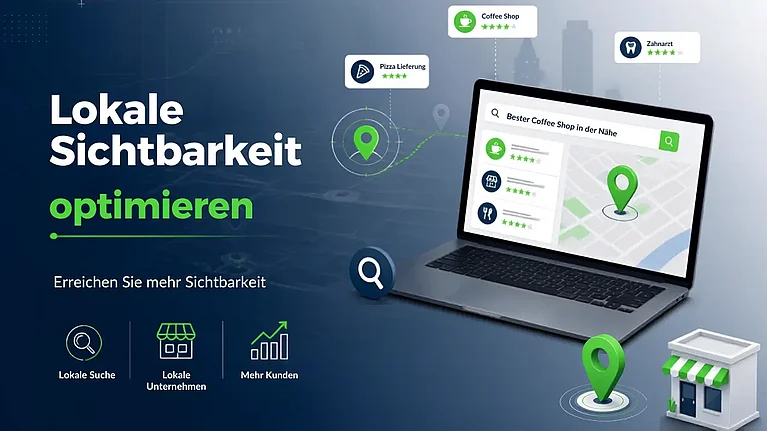 Grafik zum Thema lokale SEO: Ein Laptop zeigt eine Kartensuche für Geschäfte in der Nähe, umgeben von dem Slogan „Lokale Sichtbarkeit optimieren“.