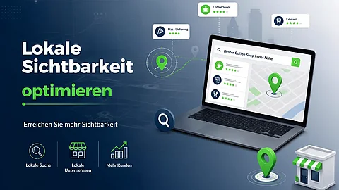 Grafik zum Thema lokale SEO: Ein Laptop zeigt eine Kartensuche für Geschäfte in der Nähe, umgeben von dem Slogan „Lokale Sichtbarkeit optimieren“.