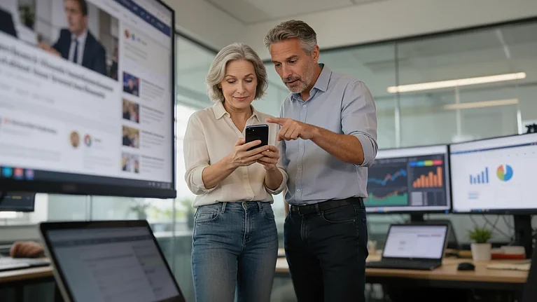 Zwei Redakteure schauen sich Google Discover auf dem Handy an
