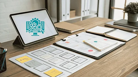 Schreibtisch mit Unterlagen zu sehen