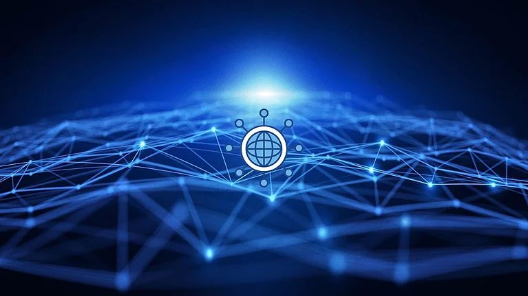 Abstraktes blaues Netzwerk aus leuchtenden Verbindungslinien und Knotenpunkten mit einem zentralen Globus-Symbol als Darstellung digitaler Autorität.