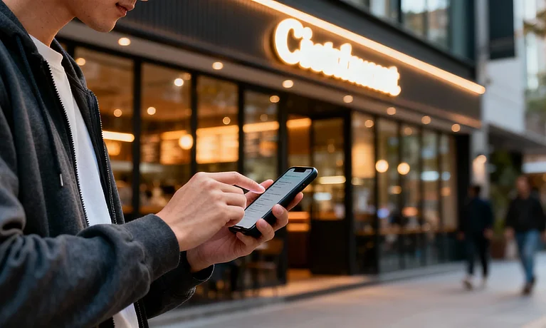 Mann am Smartphone gibt anonyme Google Bewertung ab