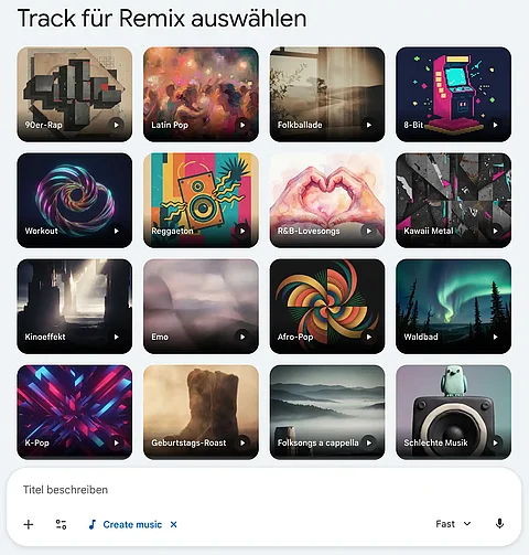 Gemini Oberfläche mit Auswahl der neuen Musik Stile