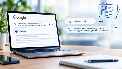 Laptop zeigt Google-Suche im AI Mode sowie Wandel vom Keyword Industrieventil zur langen, komplexen Suchfrage.