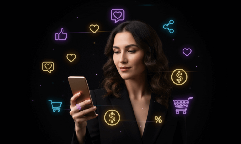 Black Friday Marketing - Expertin schaut auf ein Handy
