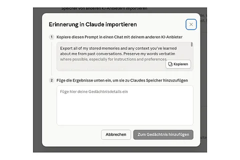 Screenshot von Claude Prompt KI Speicherintegration