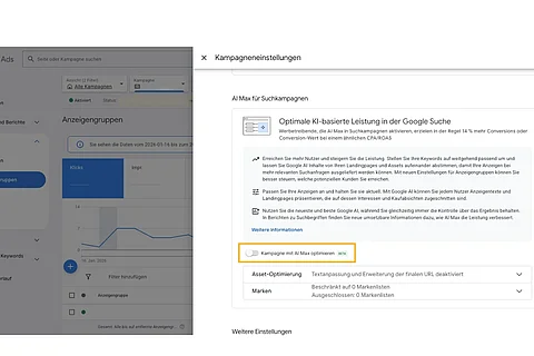 Toogle zum Aktivieren von AI Max im Google Ads Konto