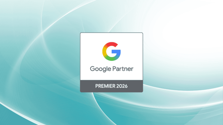 Blaue Wellen mit dem Google Premier Partner 2026 Zertifikat