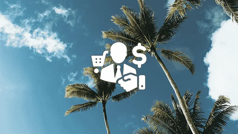 Palmen auf blauen Himmel und ein Icon eines Mediaberater im Vordergrund