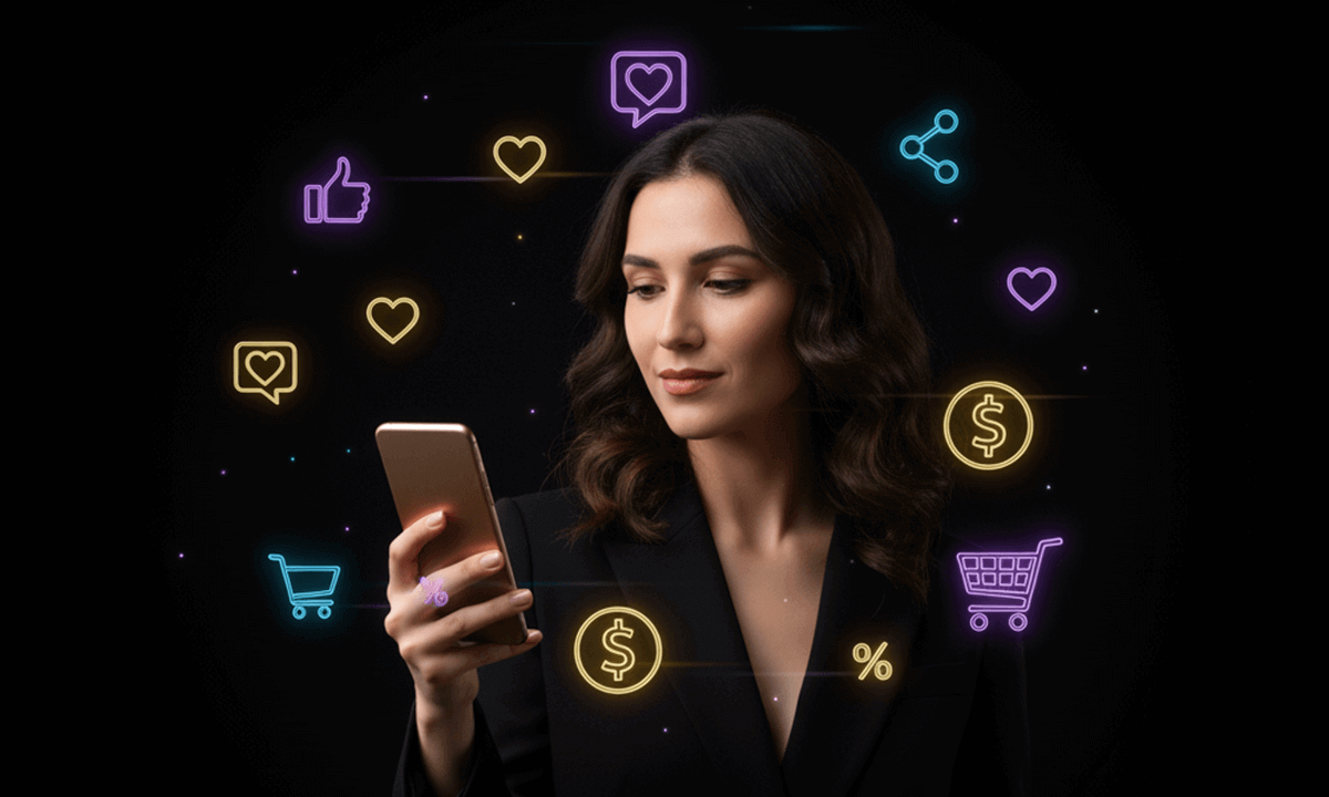 Black Friday Marketing - Expertin schaut auf ein Handy