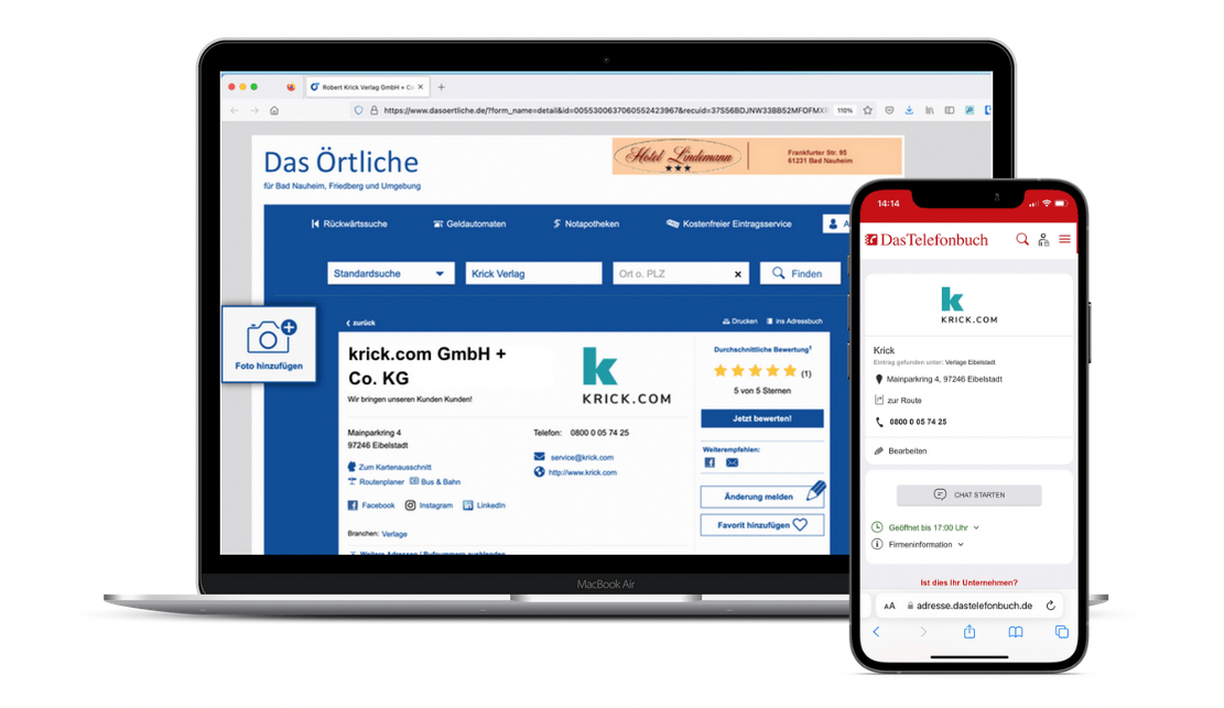 Screenshot mit Eintrag in das Telefonbuch und Das Örtliche