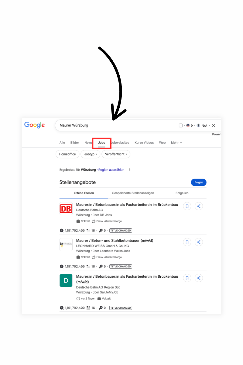 Bereich "Jobs" bei Google 