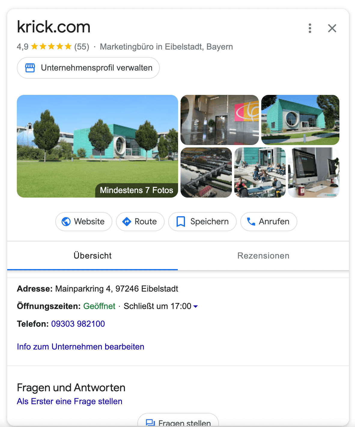 Ein Screenshot des Unternehmensprofil von Krick.com mit Bildern des Unternehmens 