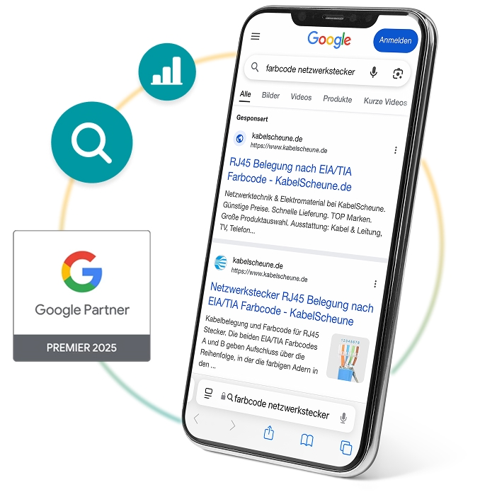 Smartphone mit Suchergebnissen und SEO-Icons