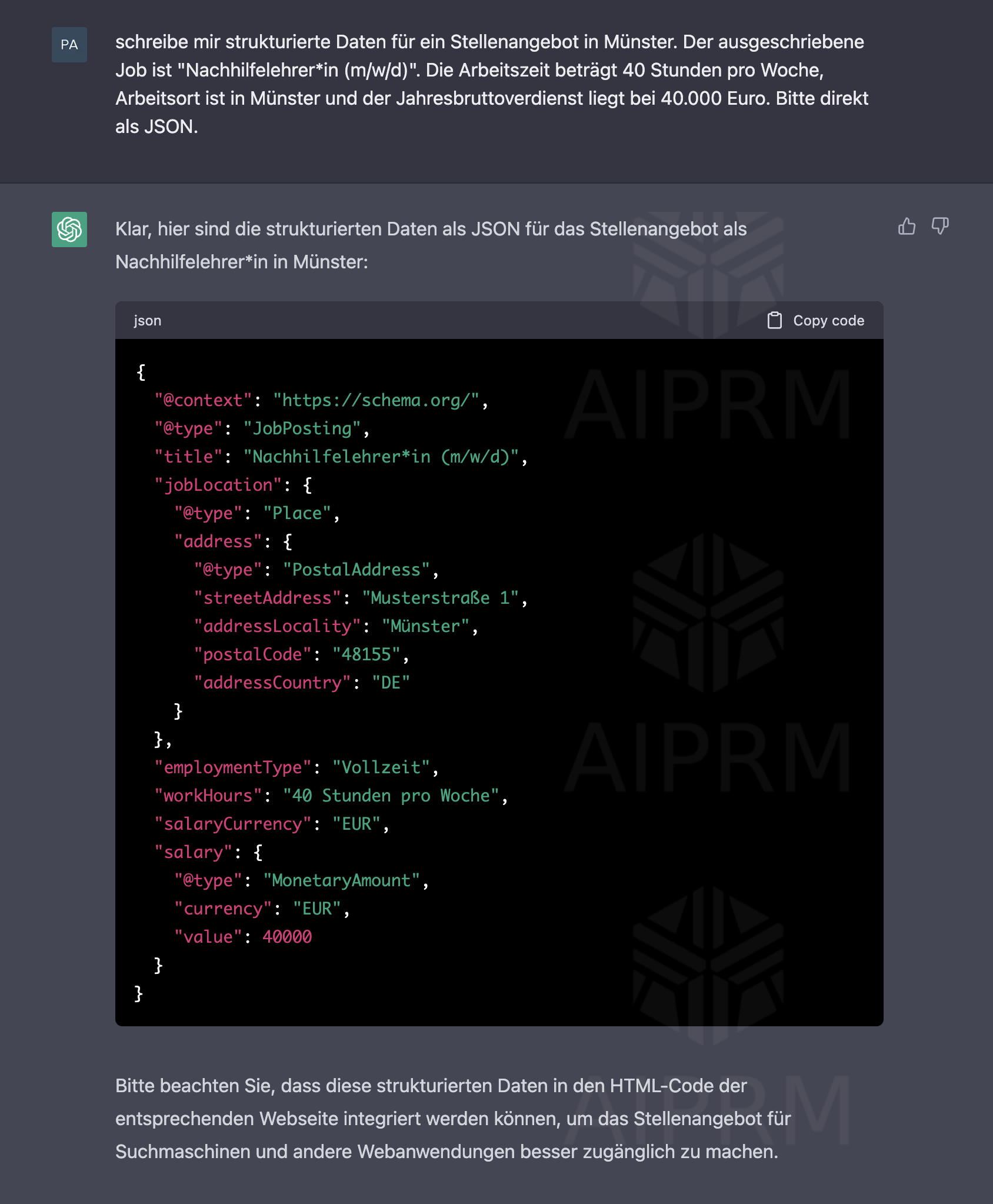 Strukturierte Daten für ein Jobposting erstellt von ChatGPT